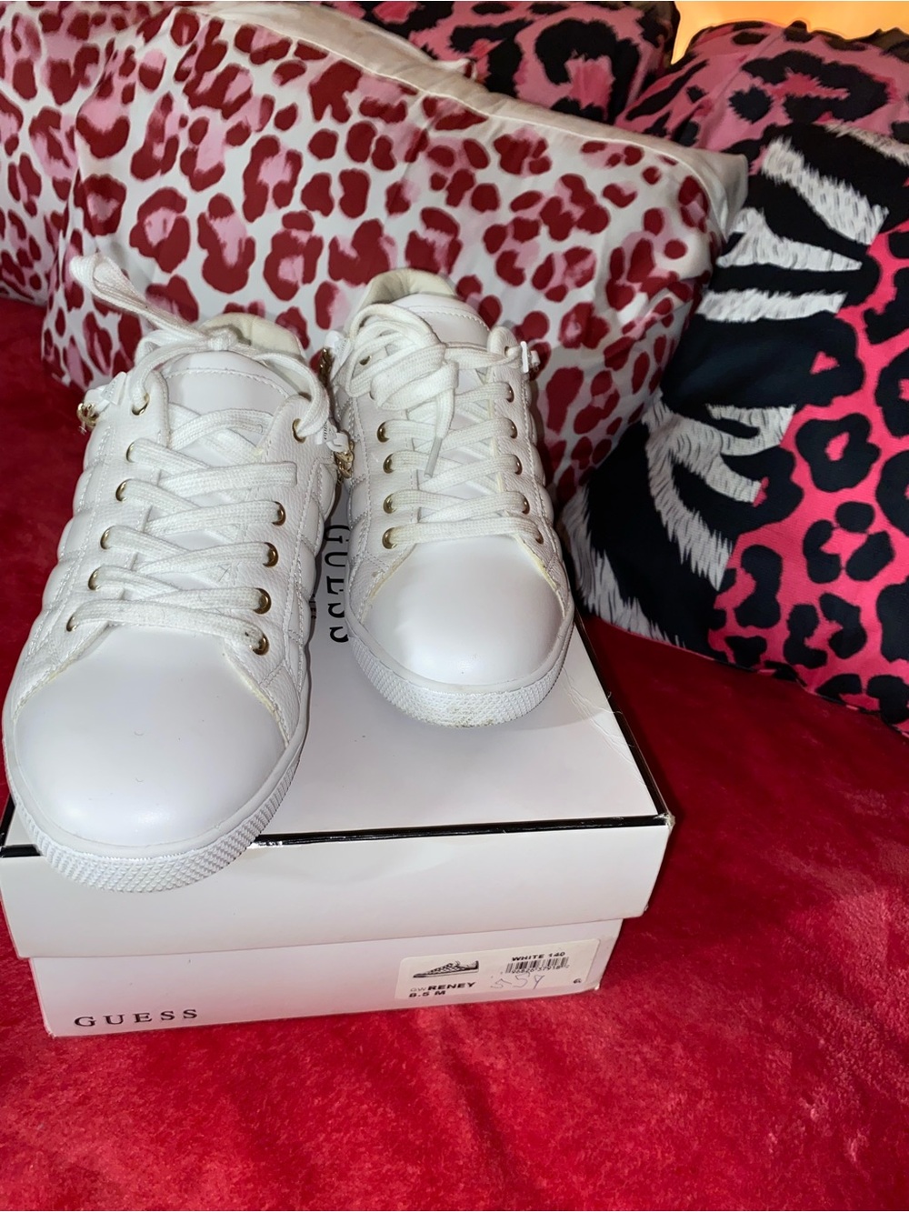 GUESS White Leather Sneakers with Gold Chain Trim